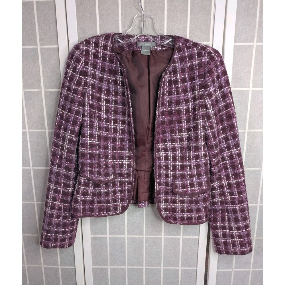 Ann Taylor Womens Blazer 2 Purple Tweed Pockets Open Front Preppy Dark Academia